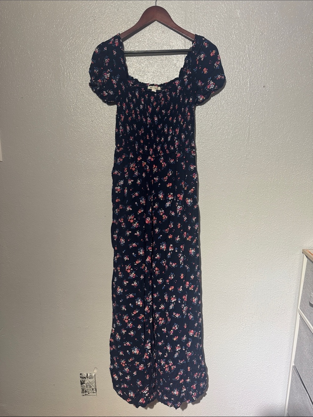 Mi Ami Navy Blue Pink Ditsy Floral Smocked Wide Leg Jumpsuit Medium